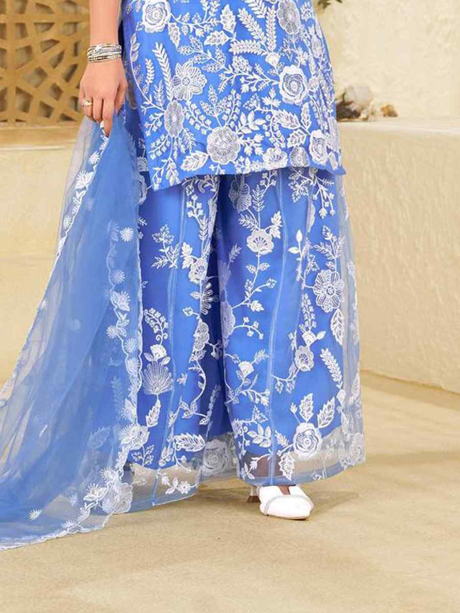 Blue Butterfly Net Embroidered Festival Mehendi Ready Palazzo Pant Salwar Kameez