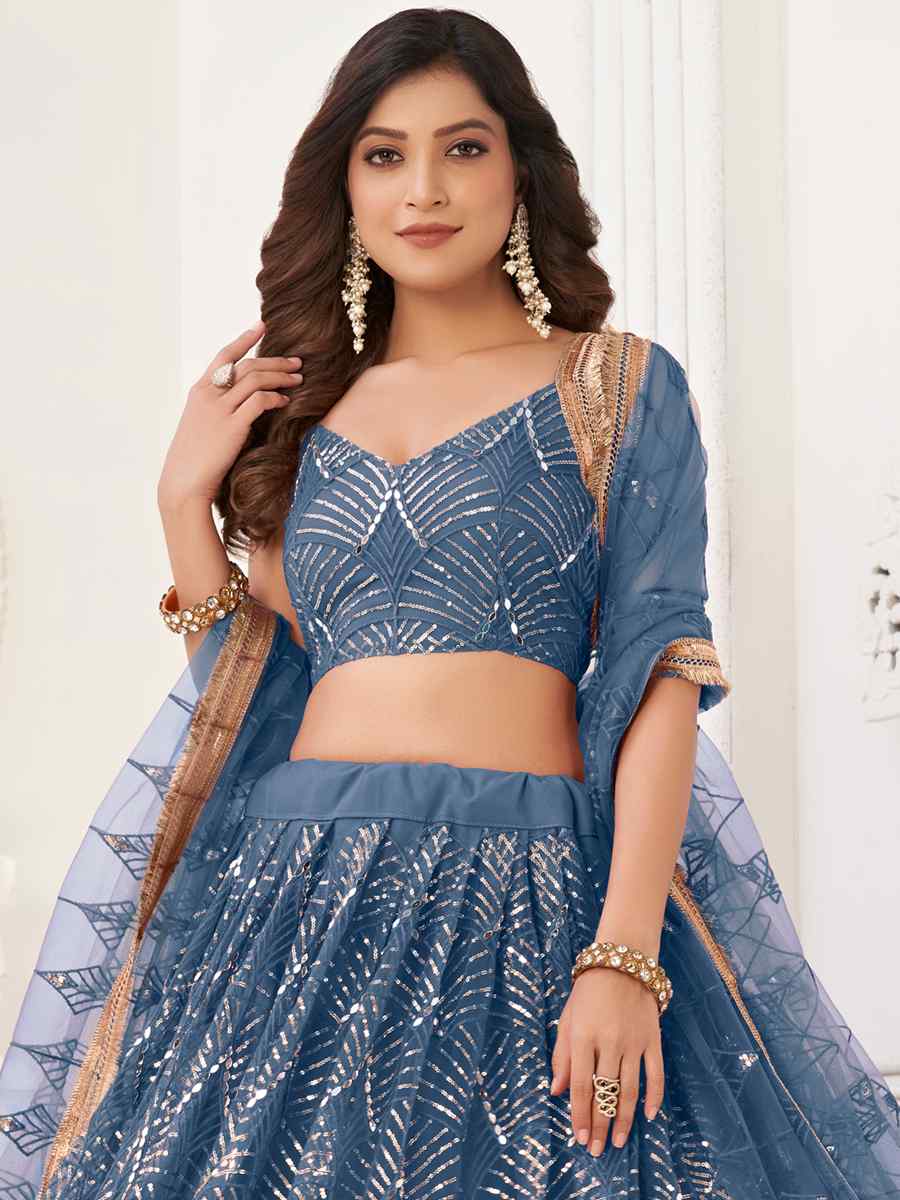 Blue Butterfly Net Embroidered Festival Wedding Circular Lehenga Choli