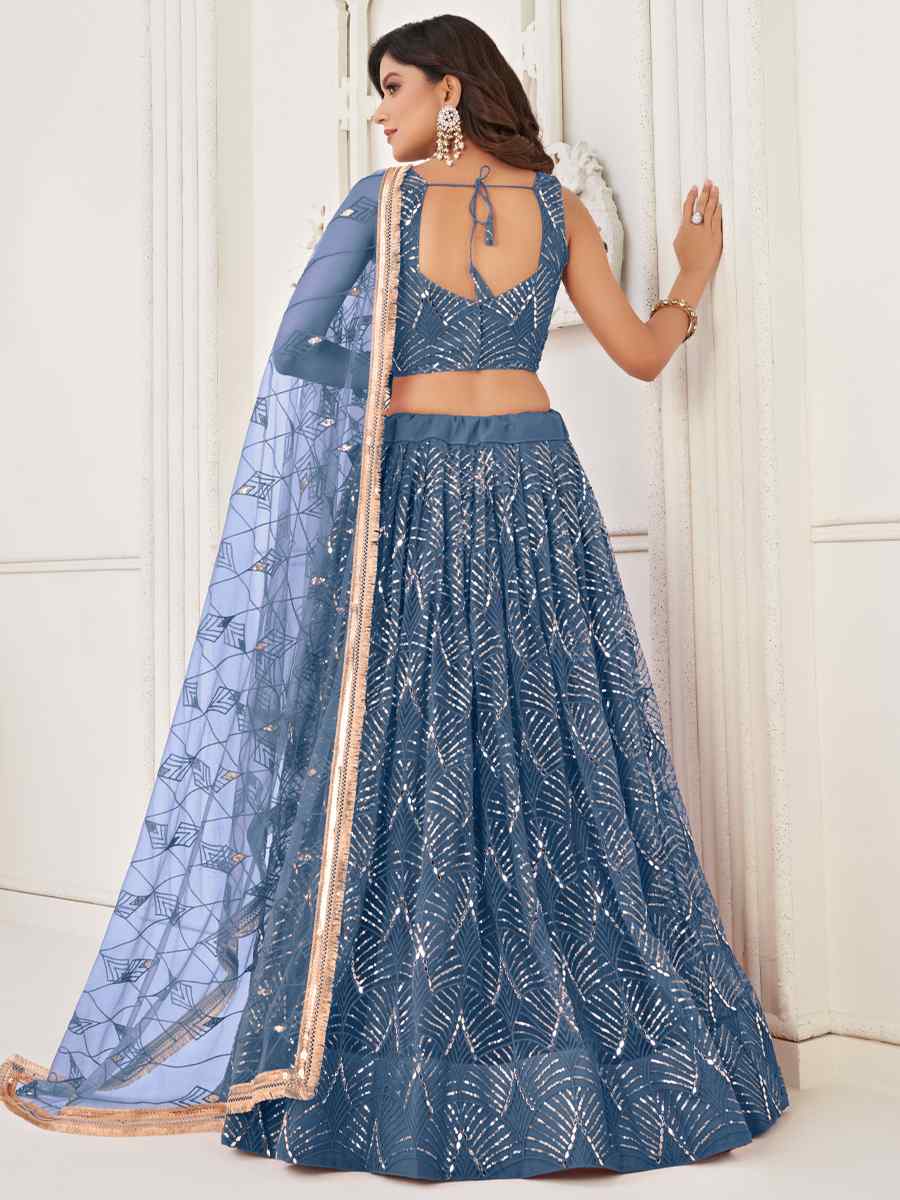 Blue Butterfly Net Embroidered Festival Wedding Circular Lehenga Choli