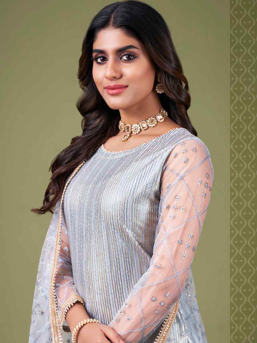 Blue Butterfly Net Embroidered Festival Wedding Pant Salwar Kameez