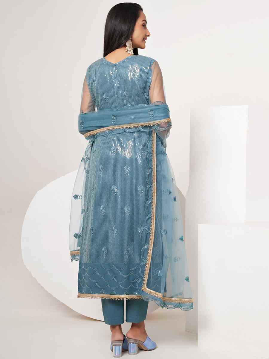 Blue Butterfly Net Embroidered Festival Wedding Pant Salwar Kameez