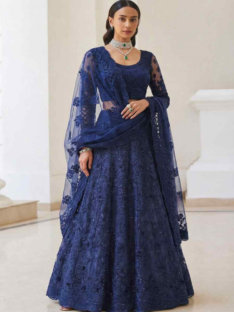 Image of Blue Butterfly Net Embroidery Bridal Wedding Reception Festival Heavy Border Lehenga Choli
