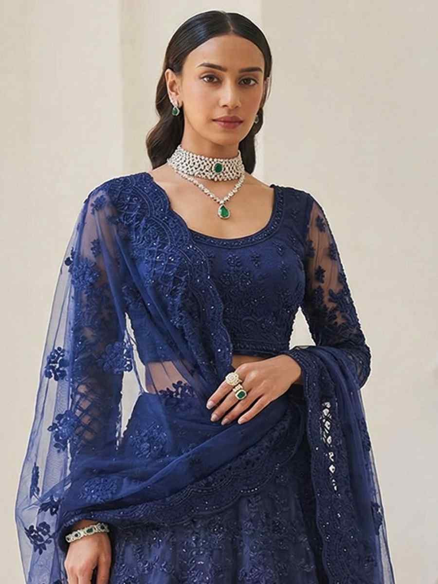 Blue Butterfly Net Embroidery Bridal Wedding Reception Festival Heavy Border Lehenga Choli