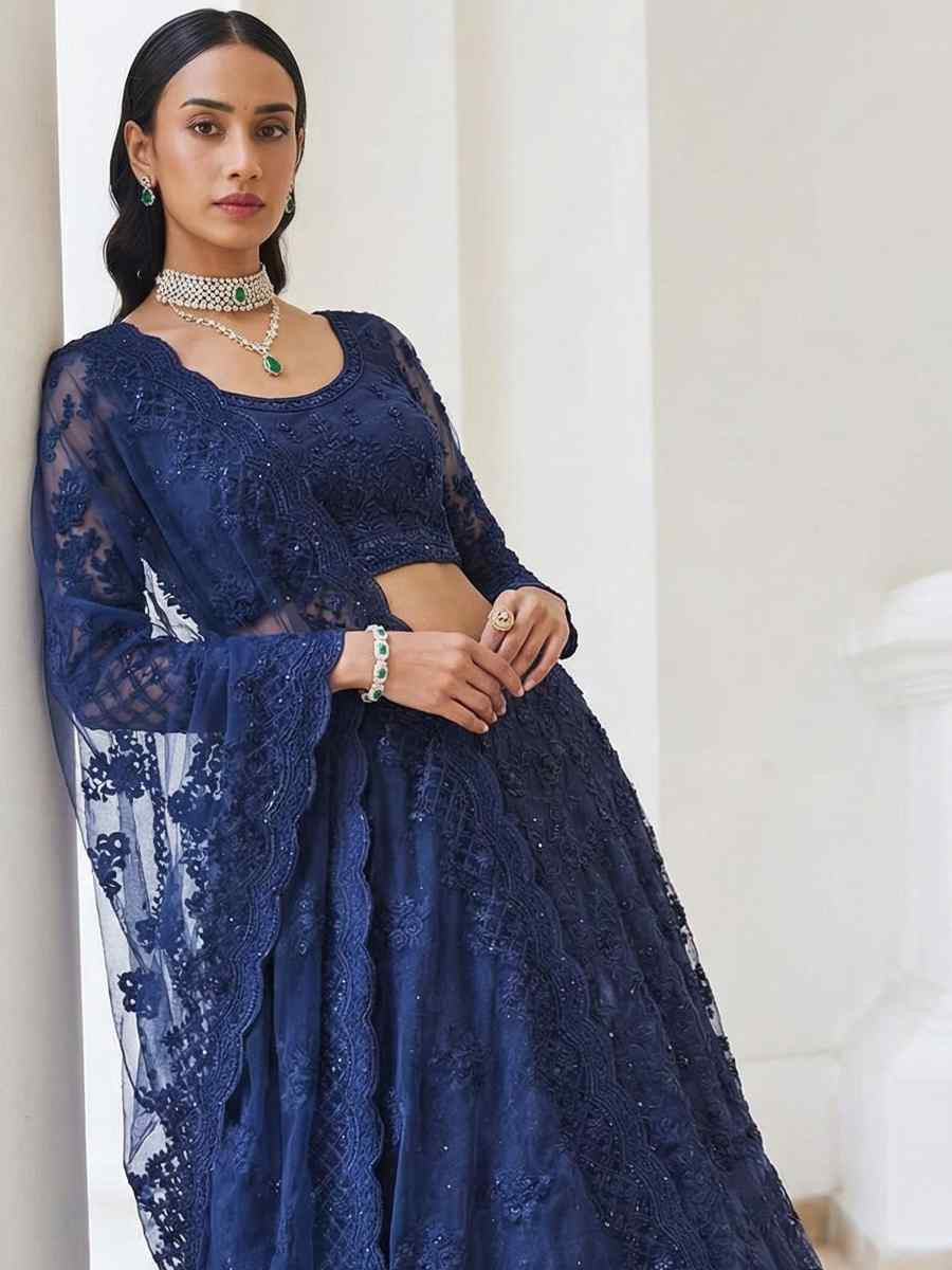 Blue Butterfly Net Embroidery Bridal Wedding Reception Festival Heavy Border Lehenga Choli