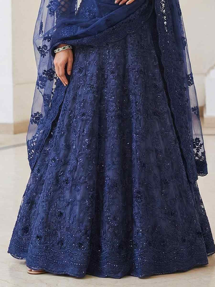 Blue Butterfly Net Embroidery Bridal Wedding Reception Festival Heavy Border Lehenga Choli