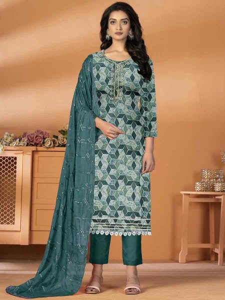 Blue Cambric Cotton Embroidered Casual Festival Pant Salwar Kameez