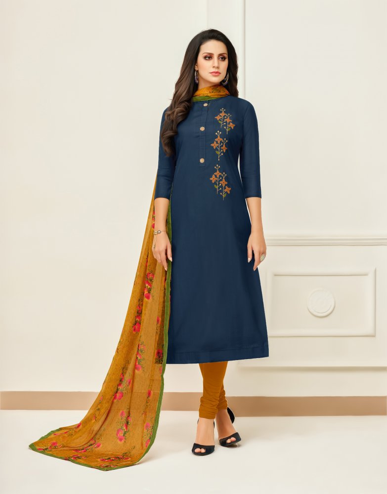 Blue Chanderi Cotton Embroidered Casual Party Churidar Salwar Kameez