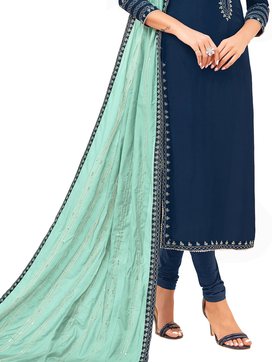Blue Chanderi Cotton Embroidered Party Churidar Pant Kameez