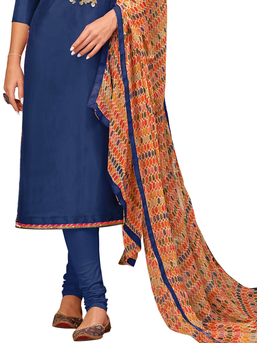 Blue Chanderi Cotton Embroidered Party Churidar Pant Kameez