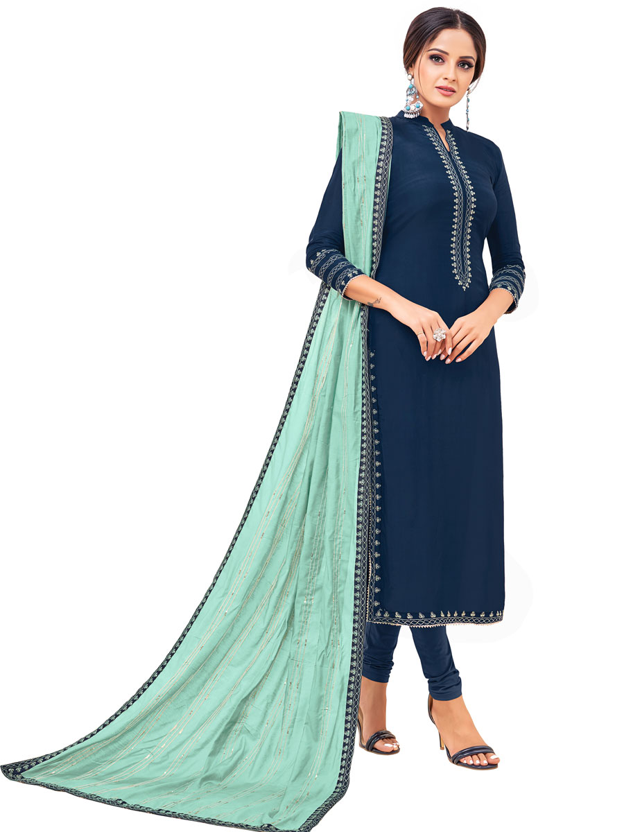 Blue Chanderi Cotton Embroidered Party Churidar Pant Kameez