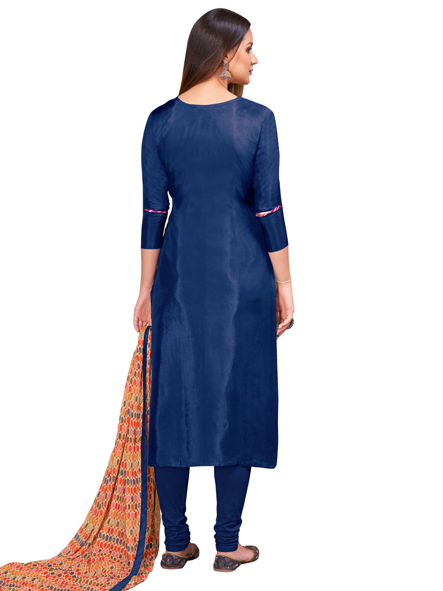 Blue Chanderi Cotton Embroidered Party Churidar Pant Kameez
