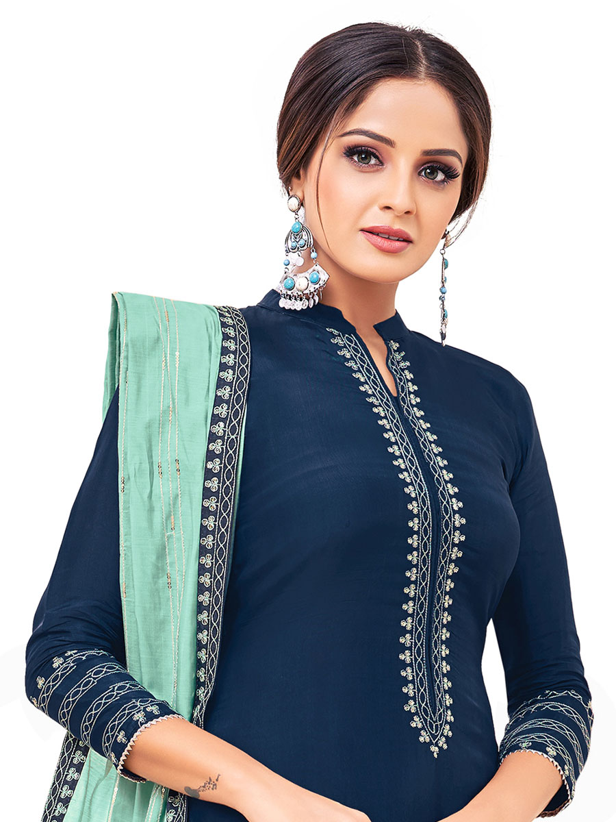 Blue Chanderi Cotton Embroidered Party Churidar Pant Kameez