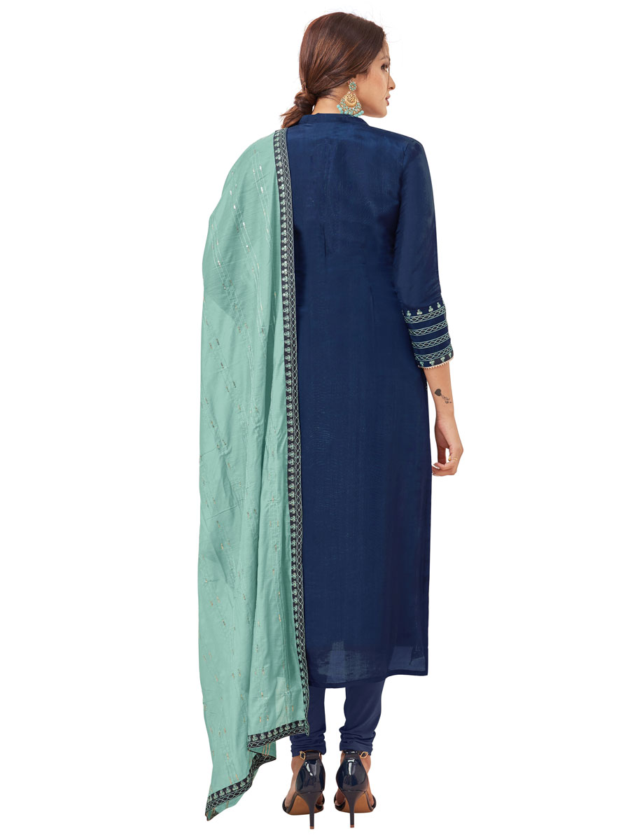 Blue Chanderi Cotton Embroidered Party Churidar Pant Kameez
