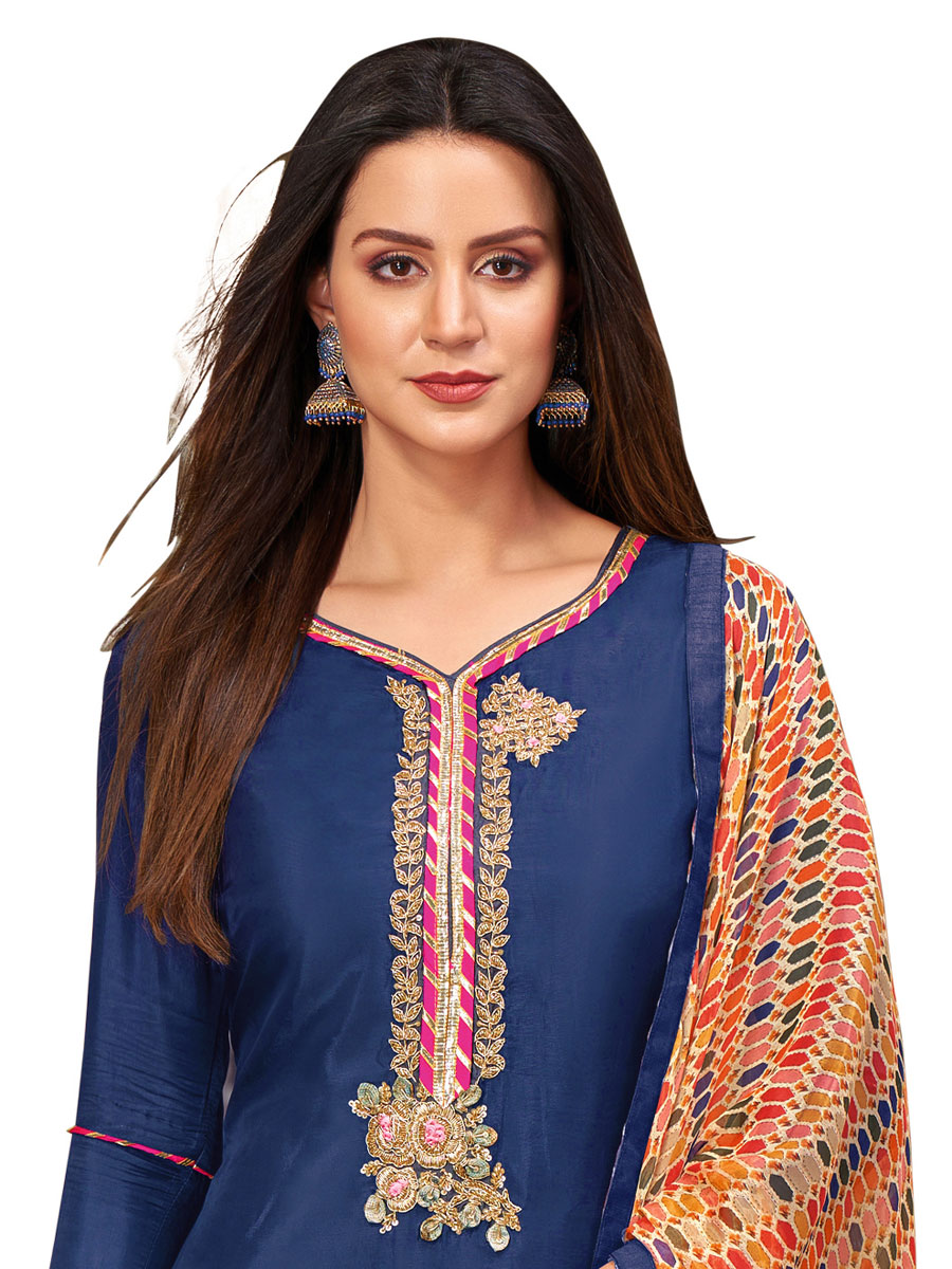 Blue Chanderi Cotton Embroidered Party Churidar Pant Kameez