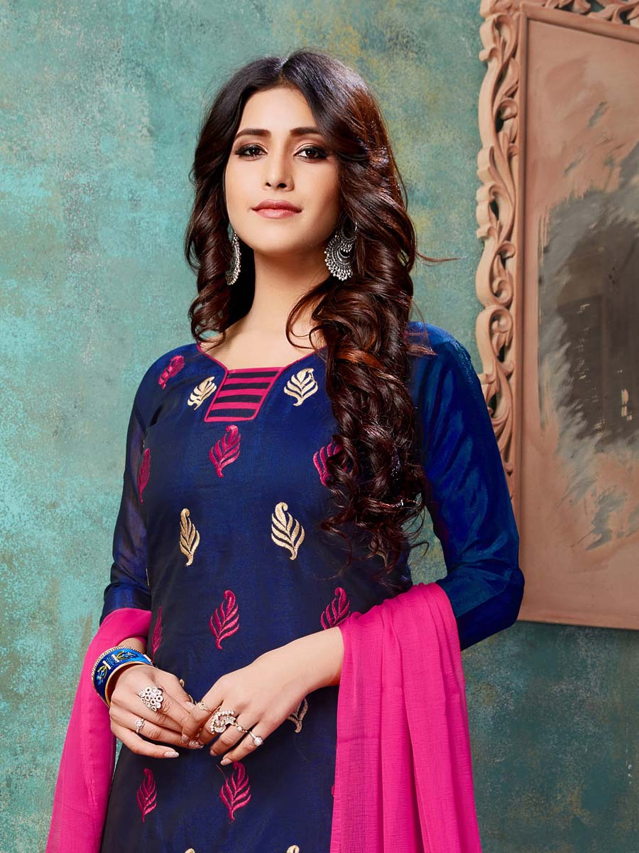 Blue Chanderi Cotton Printed Casual Festival Churidar Salwar Kameez
