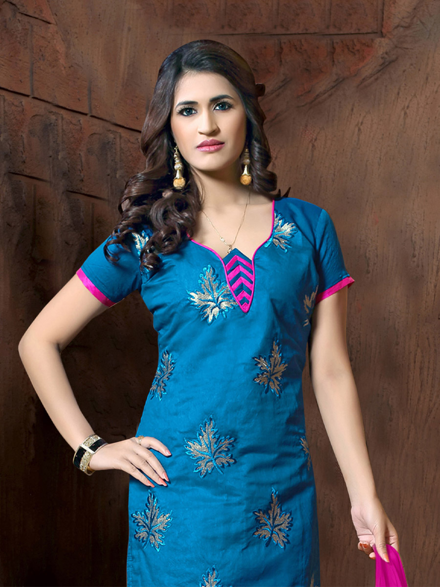 Blue Chanderi Cotton Printed Casual Festival Churidar Salwar Kameez