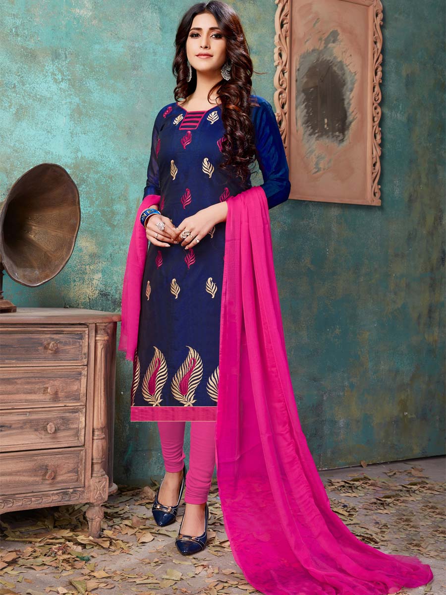 Blue Chanderi Cotton Printed Casual Festival Churidar Salwar Kameez