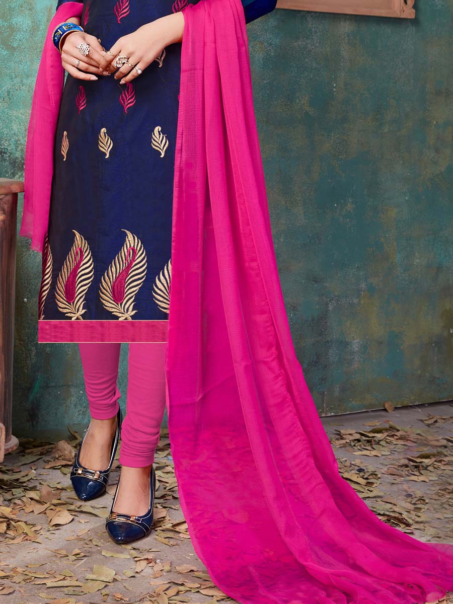 Blue Chanderi Cotton Printed Casual Festival Churidar Salwar Kameez