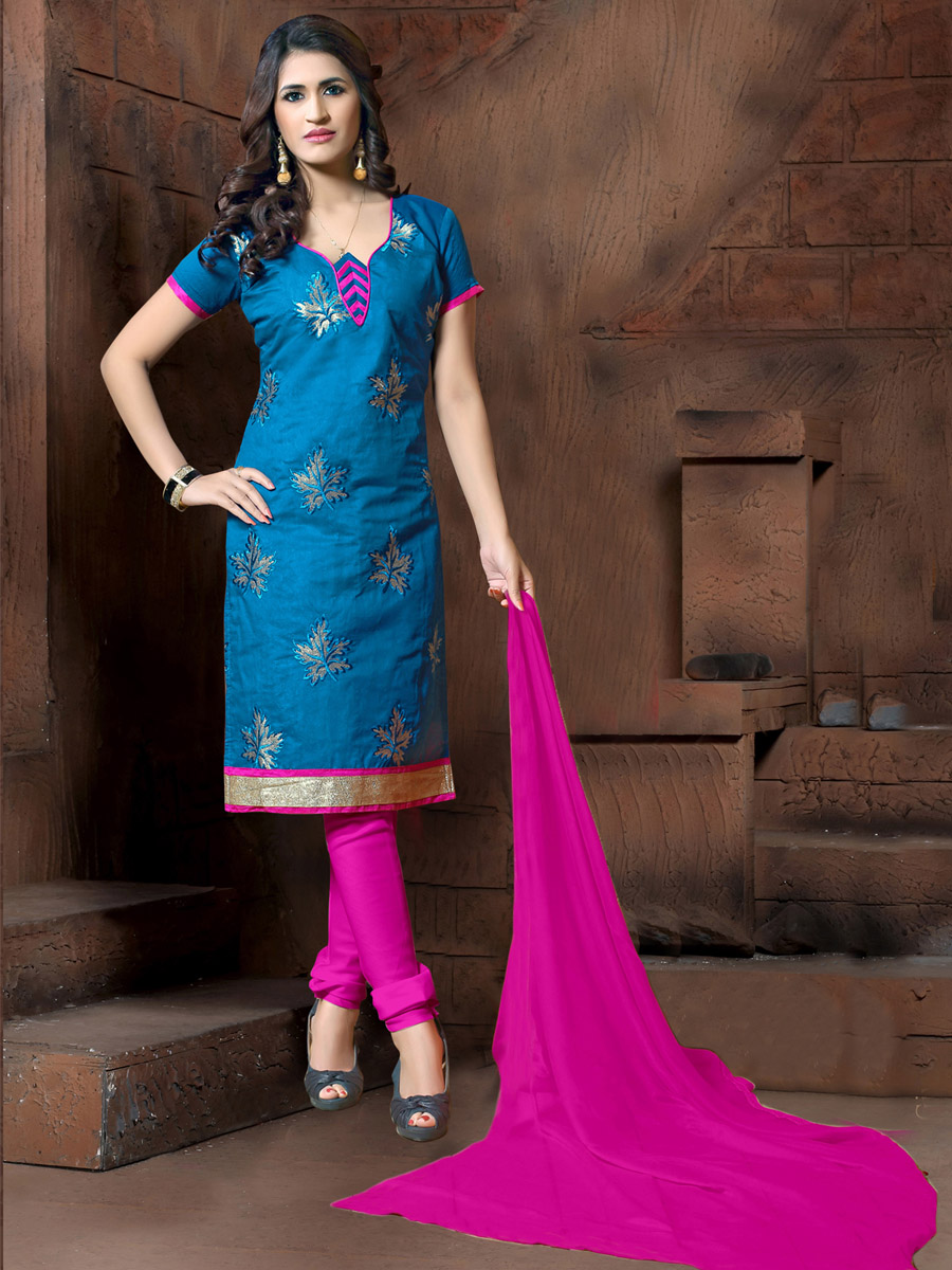 Blue Chanderi Cotton Printed Casual Festival Churidar Salwar Kameez