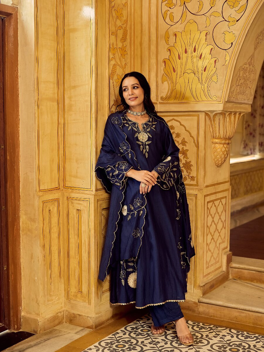 Blue Chanderi Embroidery Wedding Party Festival Casual Ready Palazzo Pant Salwar Kameez