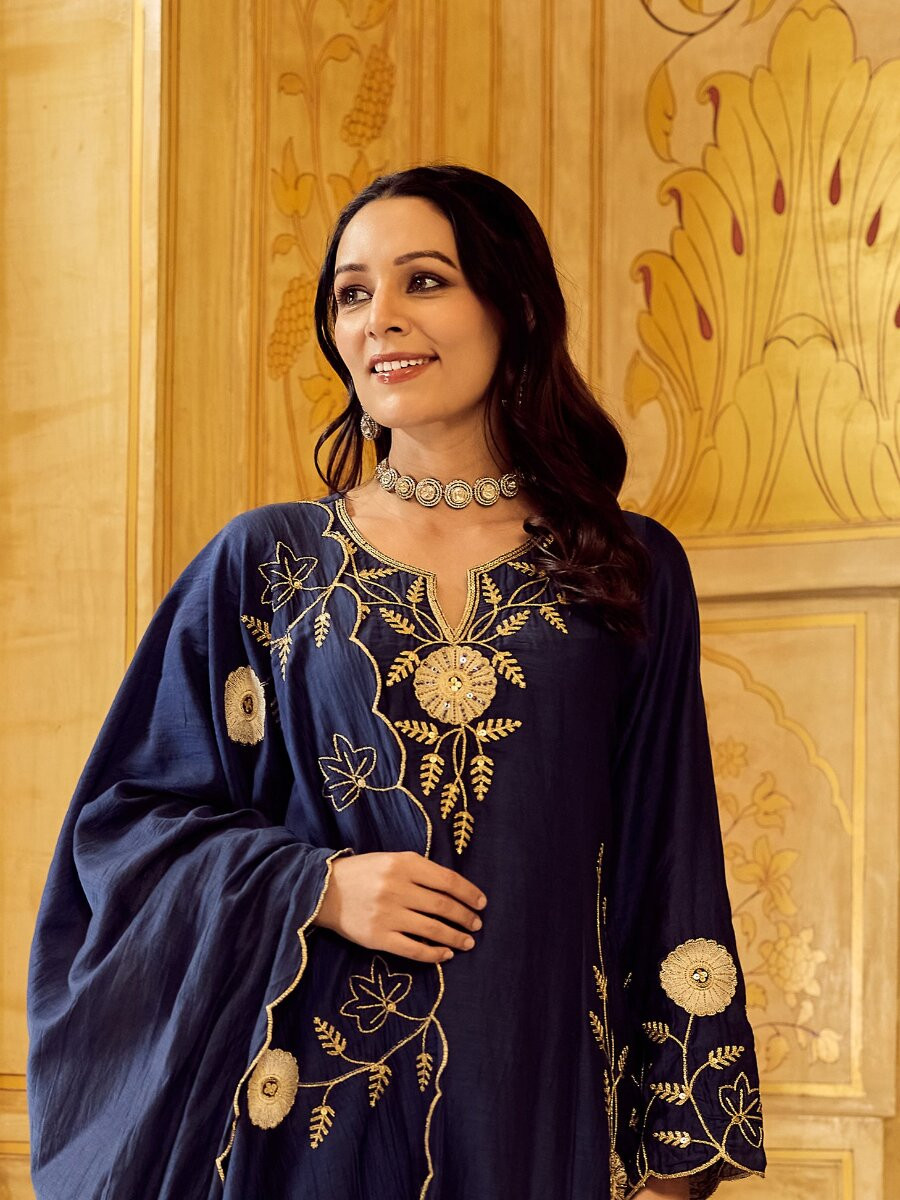 Blue Chanderi Embroidery Wedding Party Festival Casual Ready Palazzo Pant Salwar Kameez
