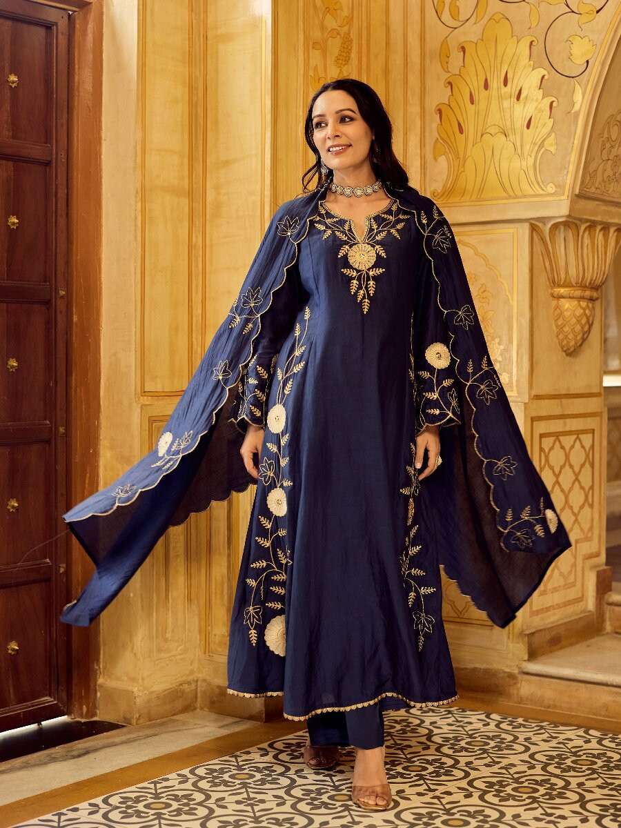 Blue Chanderi Embroidery Wedding Party Festival Casual Ready Palazzo Pant Salwar Kameez