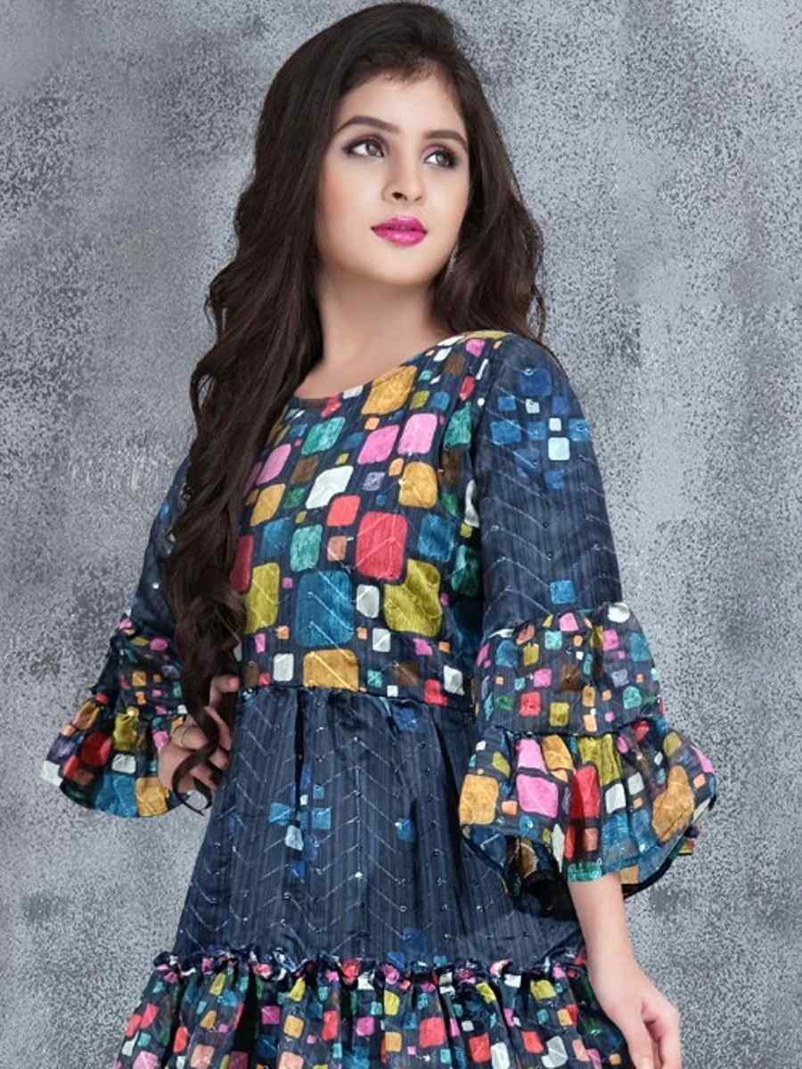 Blue Chanderi Printed Festival Casual Salwars Girls Wear