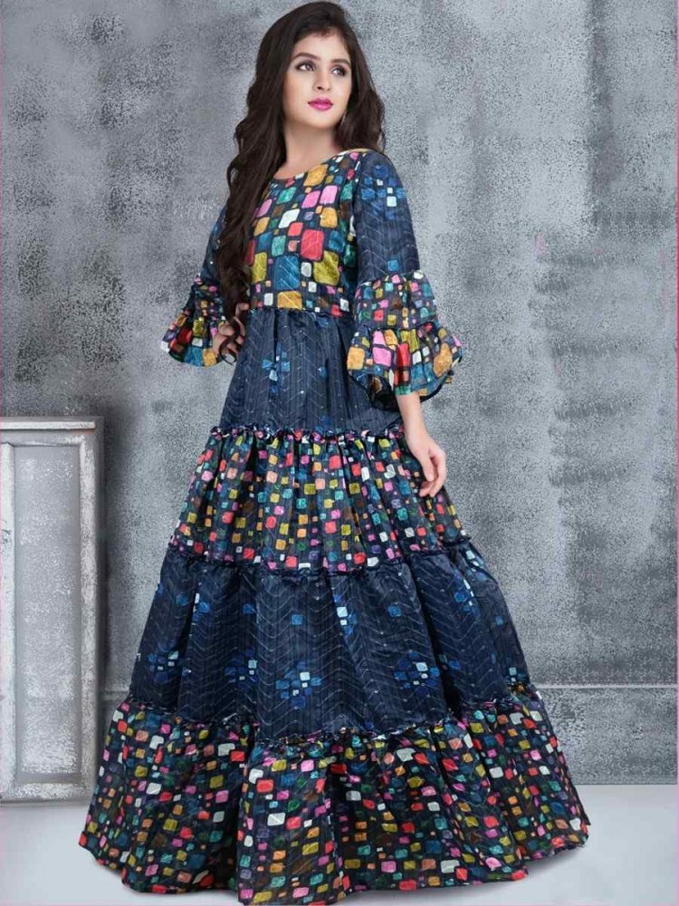 Blue Chanderi Printed Festival Casual Salwars Girls Wear