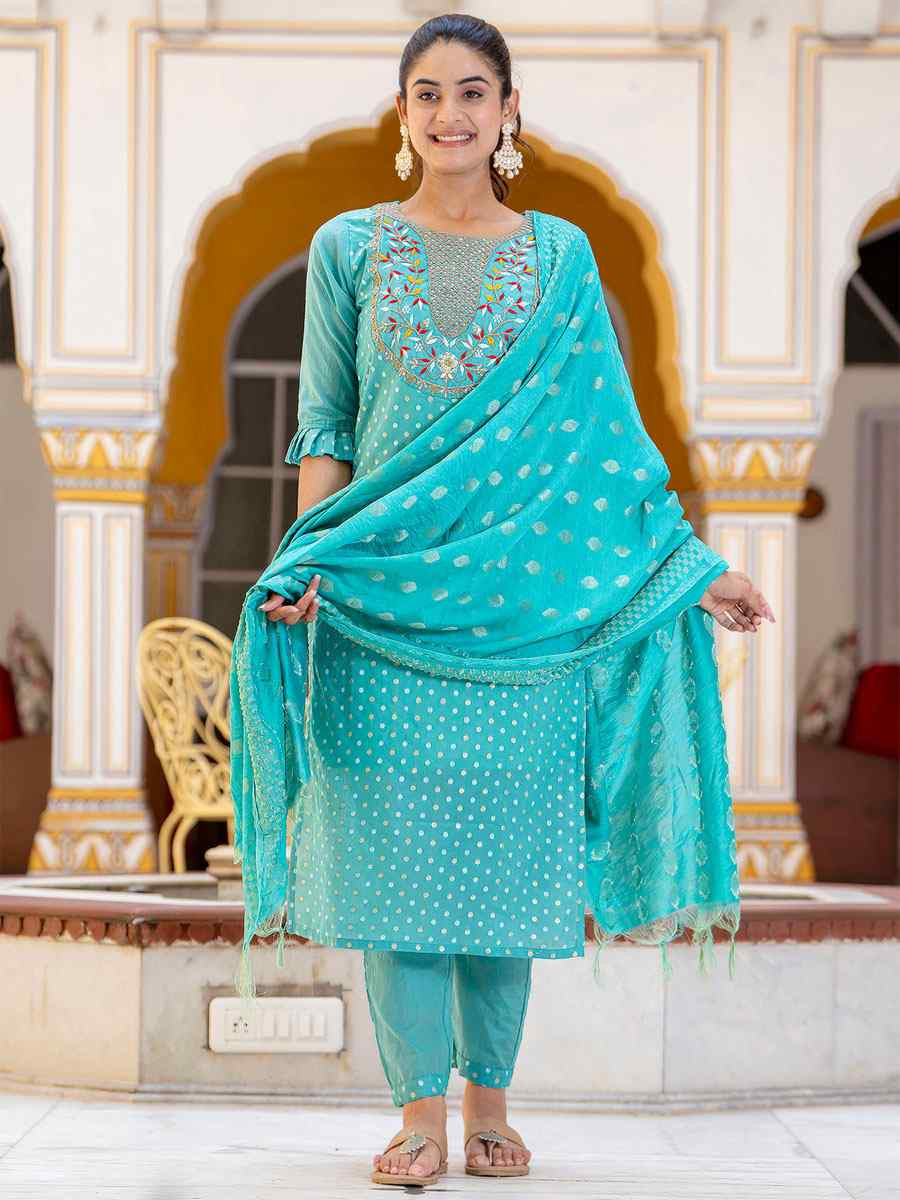 Blue Chanderi Silk Embroidery Party Wedding Festival Casual Ready Pant Salwar Kameez