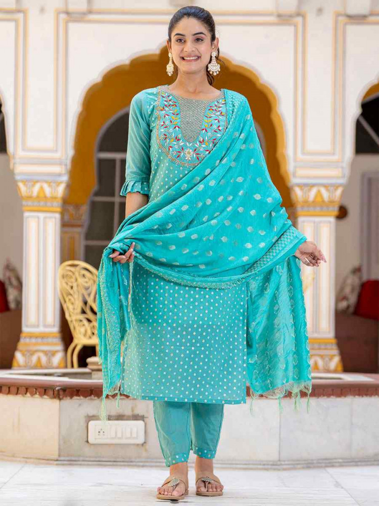 Image of Blue Chanderi Silk Embroidery Party Wedding Festival Casual Ready Pant Salwar Kameez