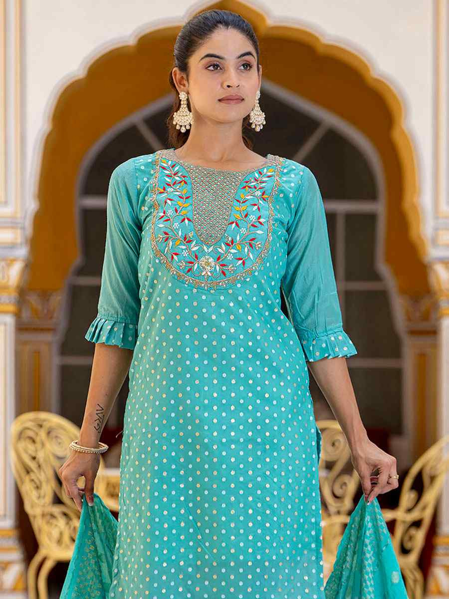 Blue Chanderi Silk Embroidery Party Wedding Festival Casual Ready Pant Salwar Kameez