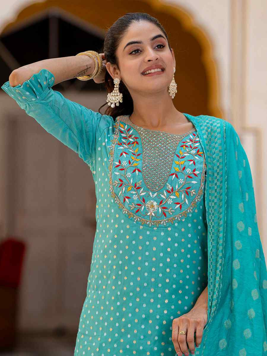 Blue Chanderi Silk Embroidery Party Wedding Festival Casual Ready Pant Salwar Kameez