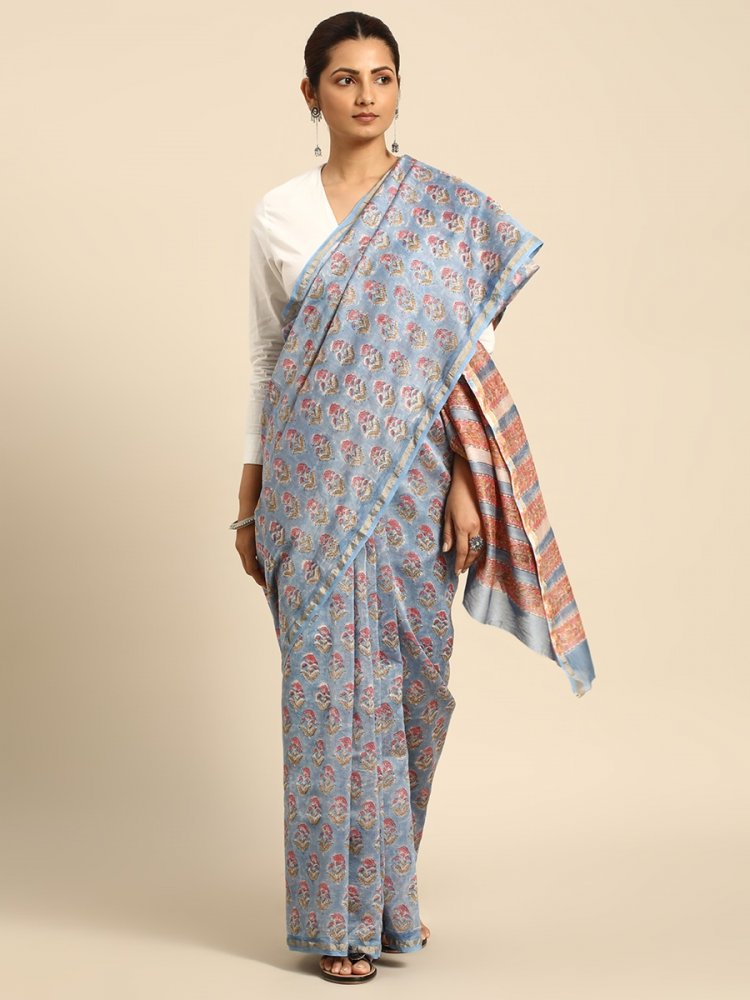 Blue Chanderi Silk Printed Festival Casual Contemporary Sarees