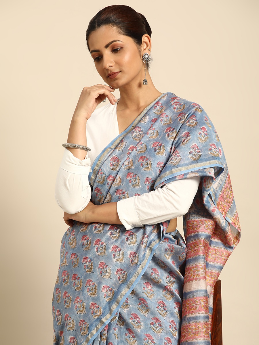 Blue Chanderi Silk Printed Festival Casual Contemporary Sarees