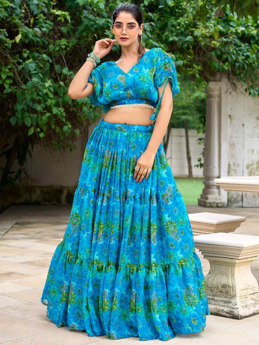 Blue Chiffon Embroidered Festival Wedding Heavy Border Lehenga Choli