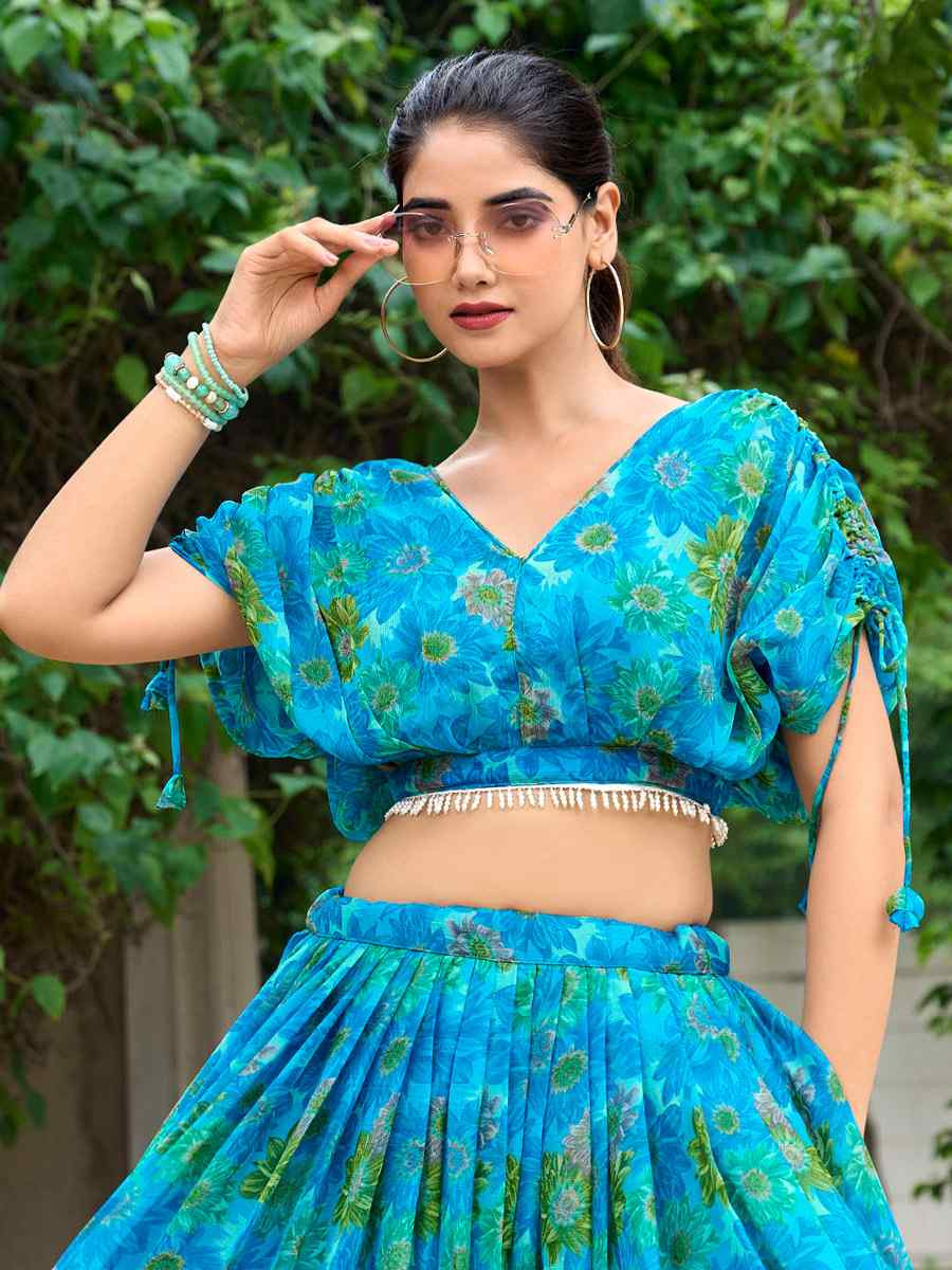 Blue Chiffon Embroidered Festival Wedding Heavy Border Lehenga Choli