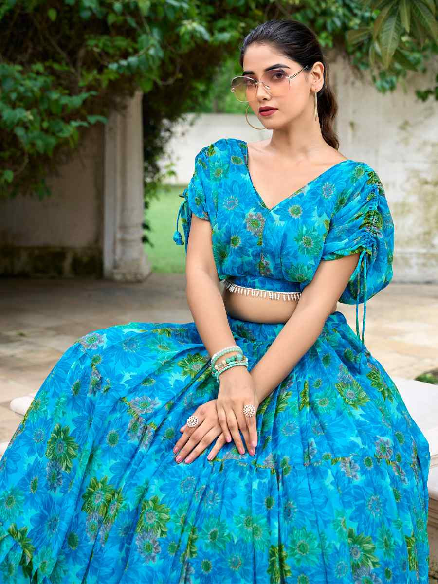 Blue Chiffon Embroidered Festival Wedding Heavy Border Lehenga Choli