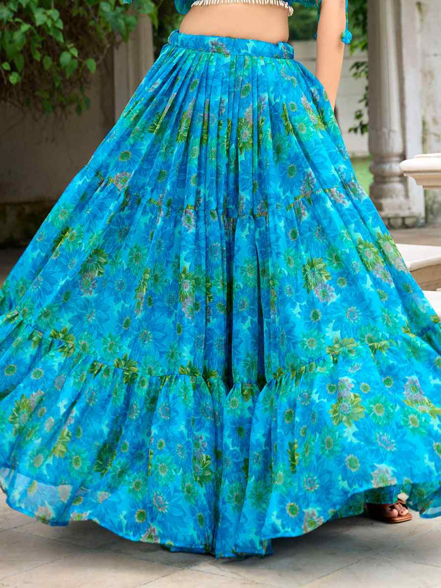 Blue Chiffon Embroidered Festival Wedding Heavy Border Lehenga Choli