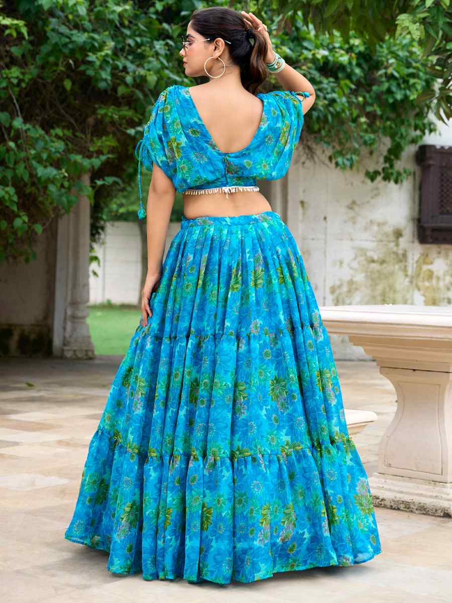 Blue Chiffon Embroidered Festival Wedding Heavy Border Lehenga Choli