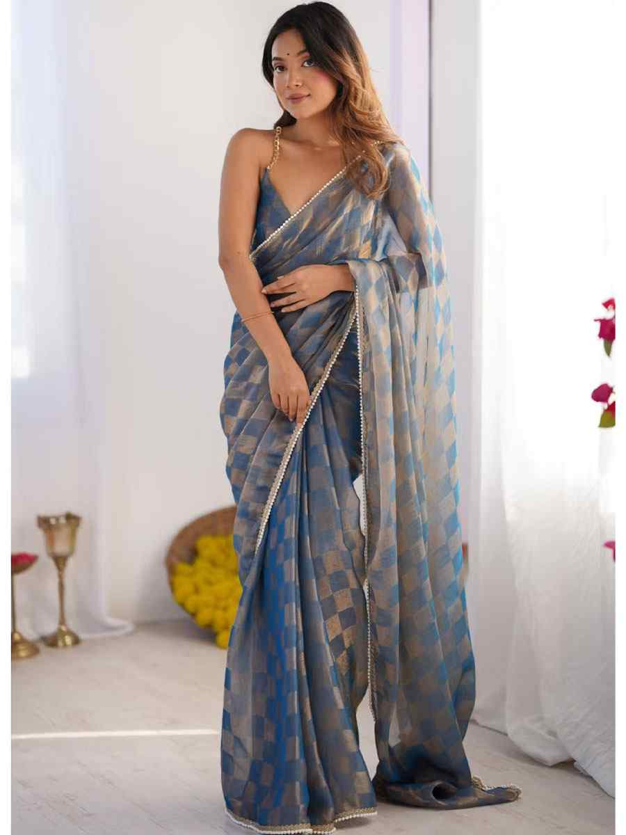 Blue Chiffon Prinred Traditional Fastive Reception Festival Wedding Fancy Heavy Border Saree