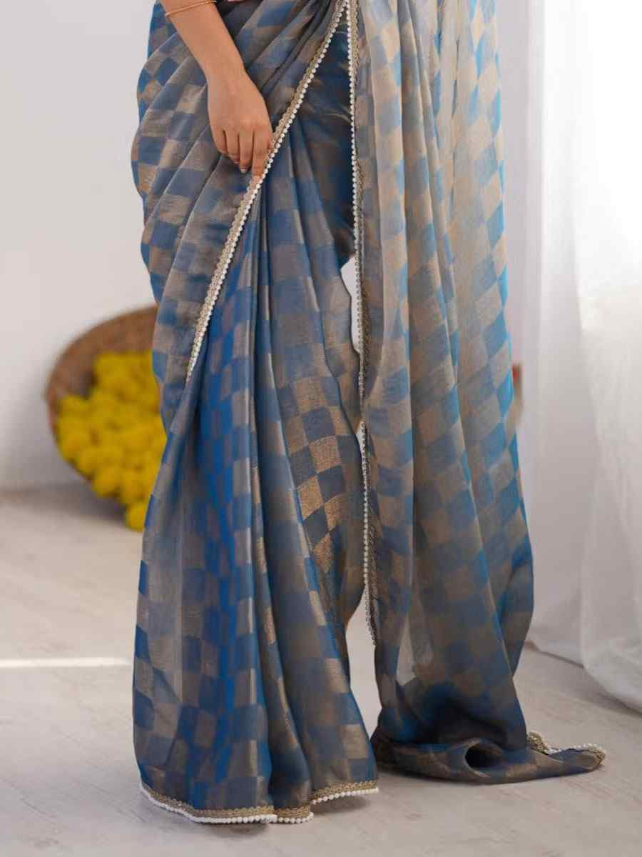Blue Chiffon Prinred Traditional Fastive Reception Festival Wedding Fancy Heavy Border Saree