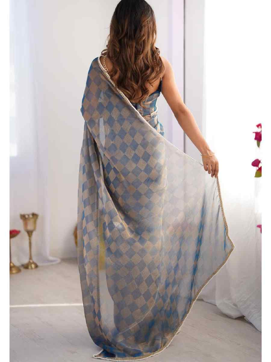 Blue Chiffon Prinred Traditional Fastive Reception Festival Wedding Fancy Heavy Border Saree