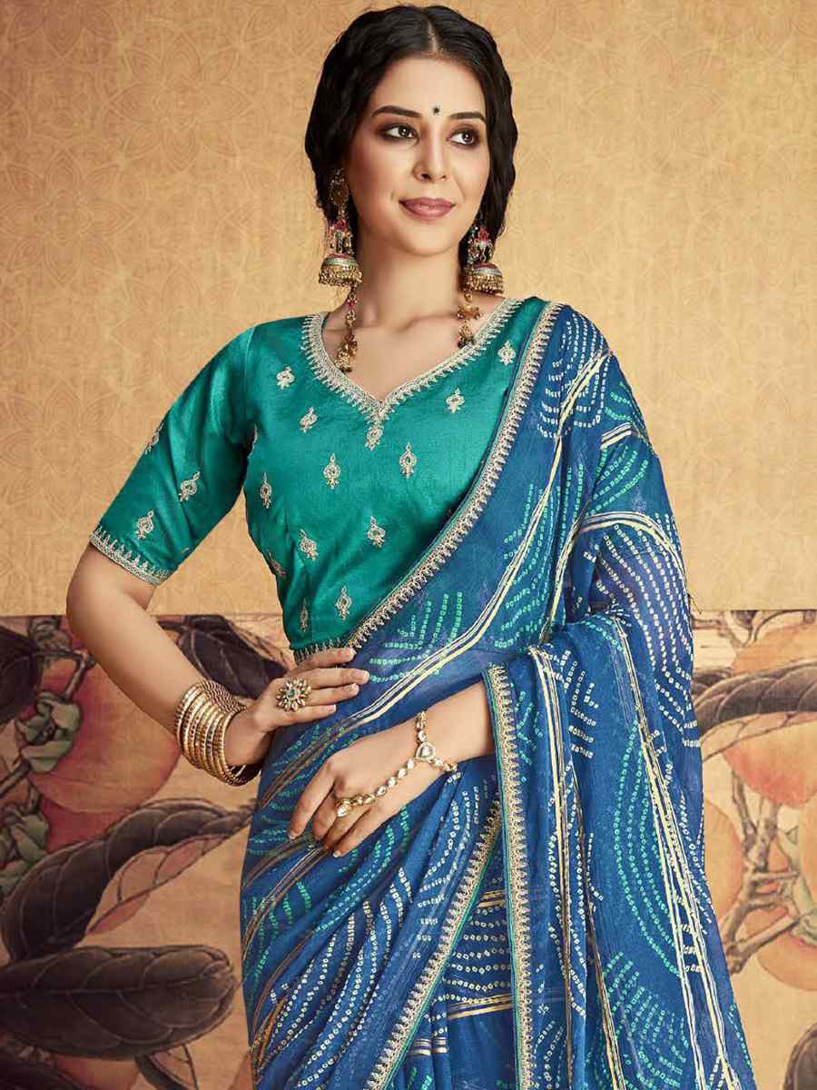 Blue Chiffon Printed Casual Festival Contemporary Saree