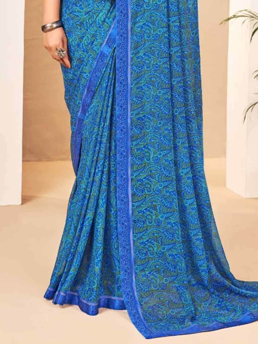 Blue Chiffon Printed Casual Festival Contemporary Saree