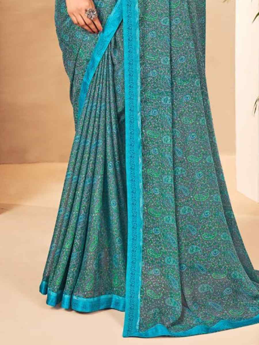 Blue Chiffon Printed Casual Festival Contemporary Saree