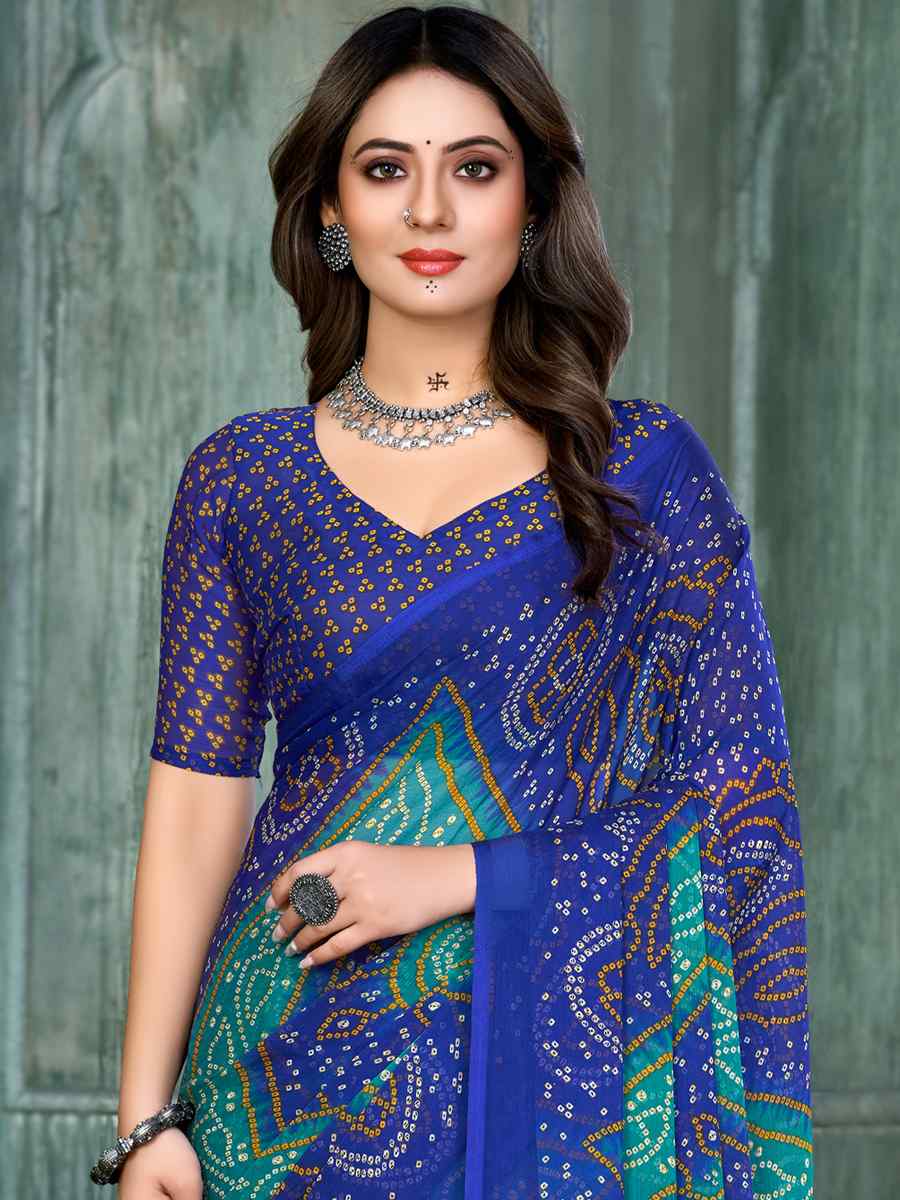 Blue Chiffon Printed Casual Festival Contemporary Saree