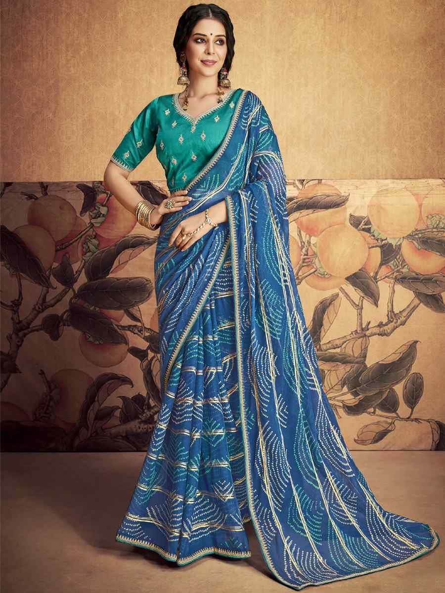Blue Chiffon Printed Casual Festival Contemporary Saree