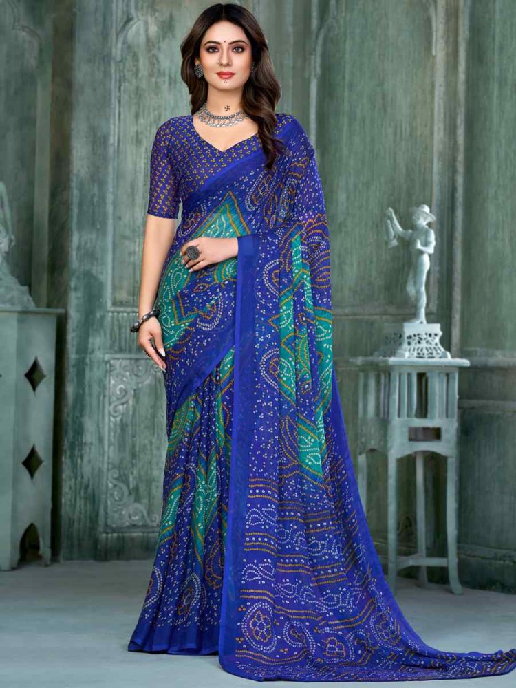 Blue Chiffon Printed Casual Festival Contemporary Saree