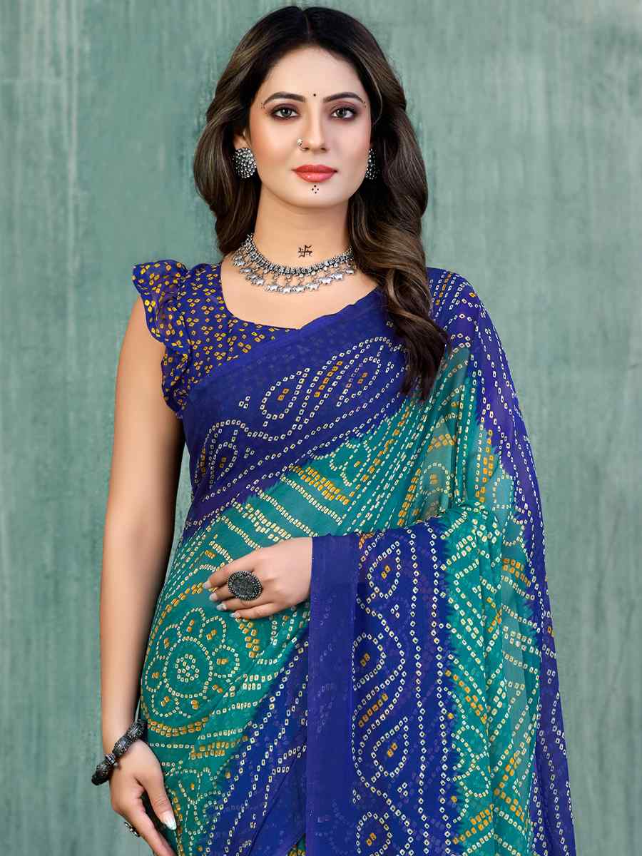 Blue Chiffon Printed Casual Festival Contemporary Saree