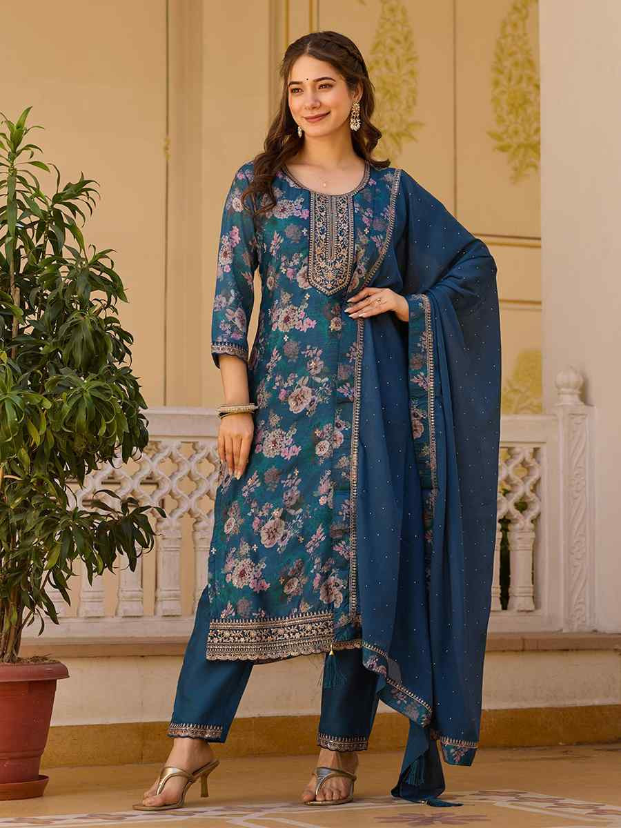 Blue Chinon Embroidered Festival Casual Ready Pant Salwar Kameez